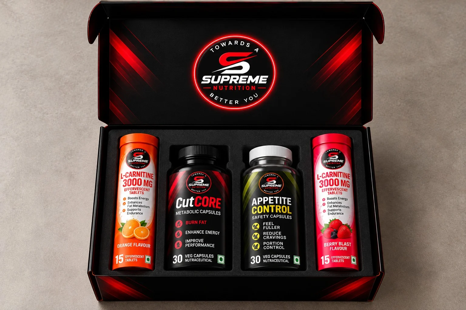 Supreme Nutrition weight management launch kit — CutCore, Appetite Control and L-Carnitine 3000